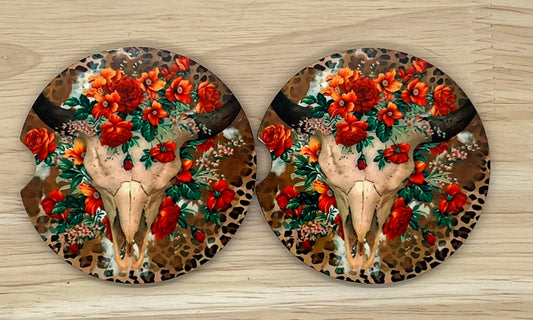 Floral Cow Skull Car Coasters