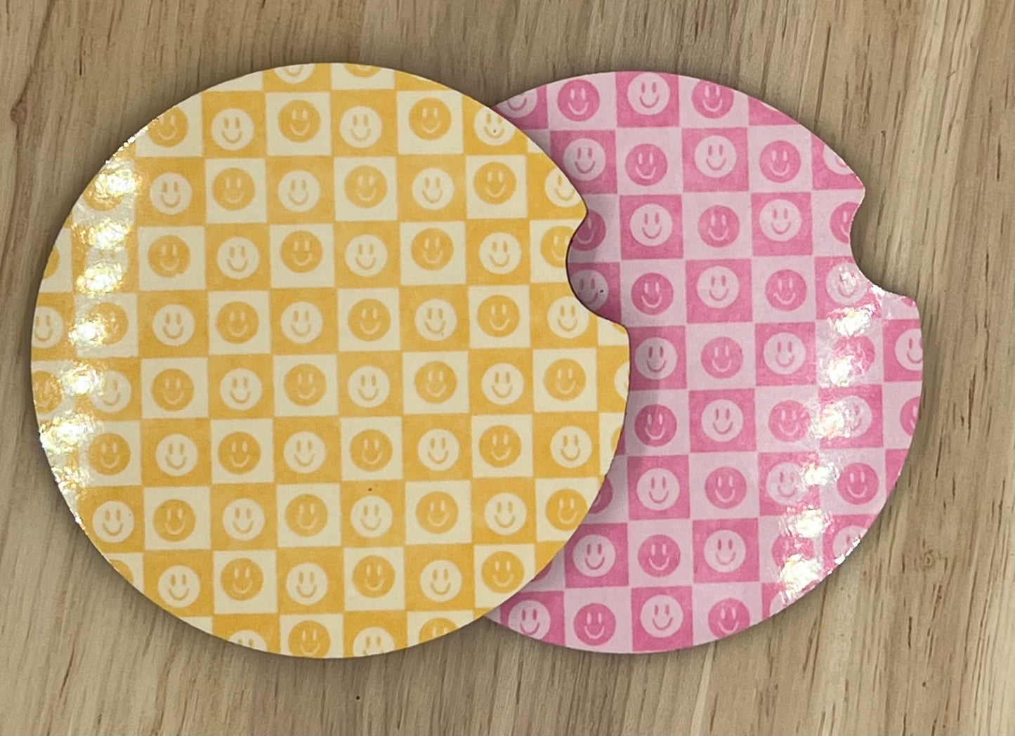 Pink and Yellow Smiles Car Coasters